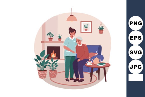 Elderly Woman Sitting with Nurse in Cozy