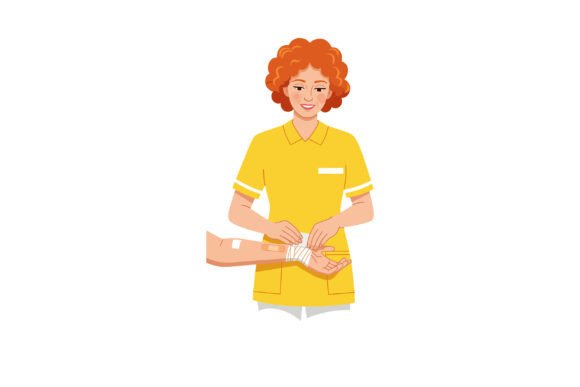 Female Nurse in Yellow Uniform Bandaging
