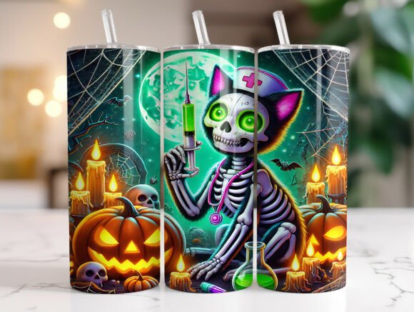 Skeleton Cat Nurse 20oz Tumbler Wrap PNG