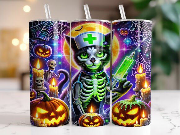 Skeleton Nurse Cat Halloween Tumbler